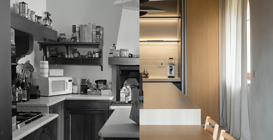 Split kitchen design: vintage rustic left, modern minimalist right, showcasing contrasting styles and decor.