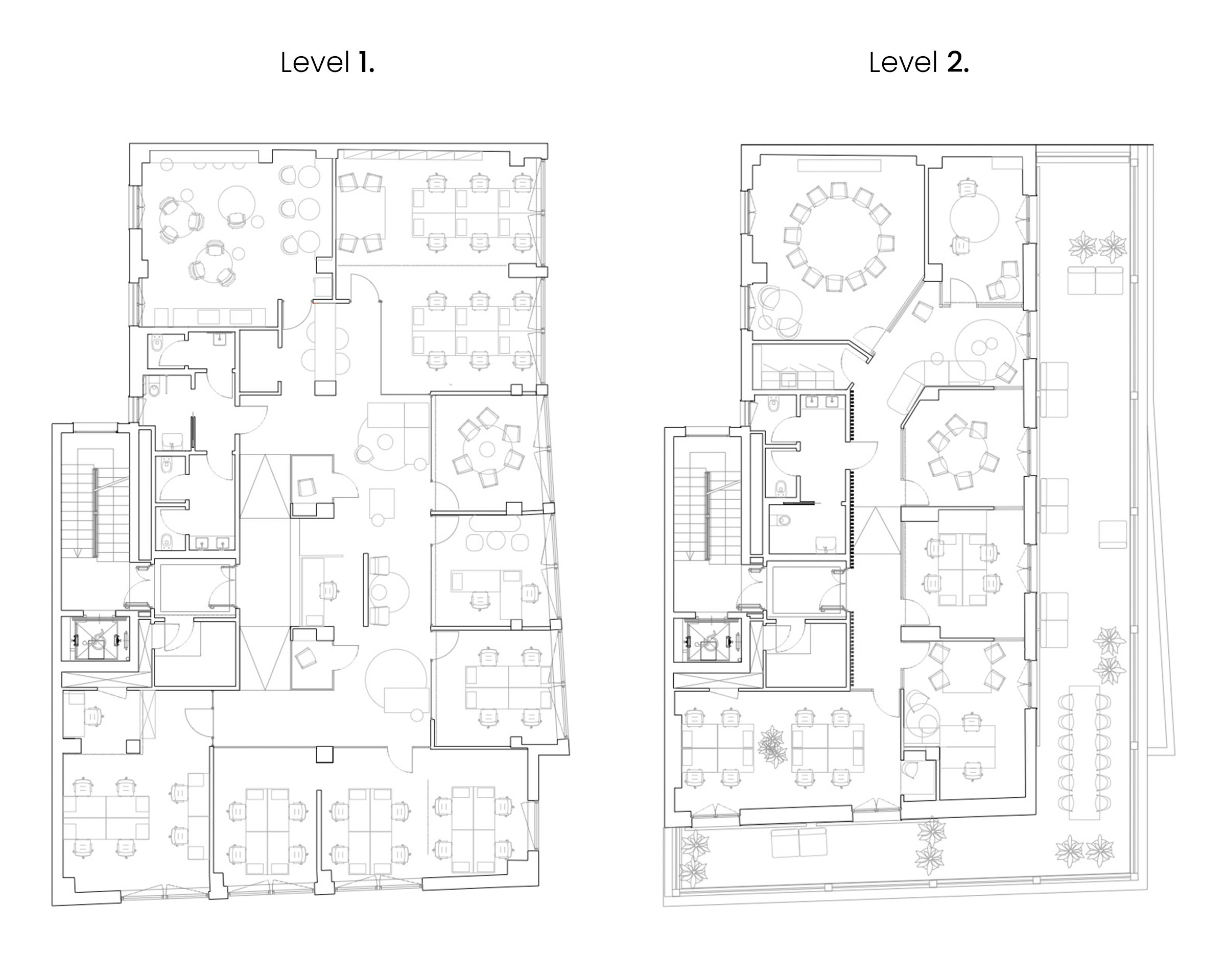 Planimetria dopo la trasformazione di Pattari Headquarters: distribuzione dei due livelli con uffici, sale riunioni, lounge, cucina e terrazza.